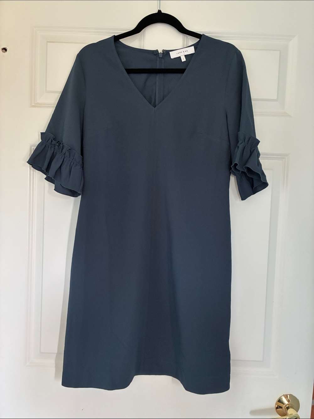 Lark & Ro Slate Blue V‑Neck Midi Dress with Ruffle Sleeves